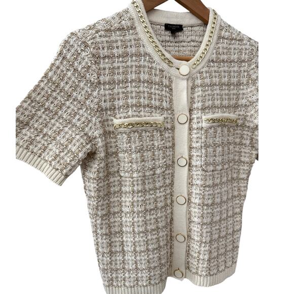 Talbots Short Sleeve Chain Trim Jacquard Cardigan Gold Ivory Size Small Petite - Picture 5 of 8